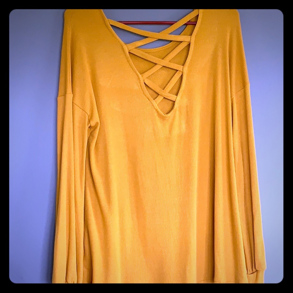 NWT Mustard knit top with criss cross back